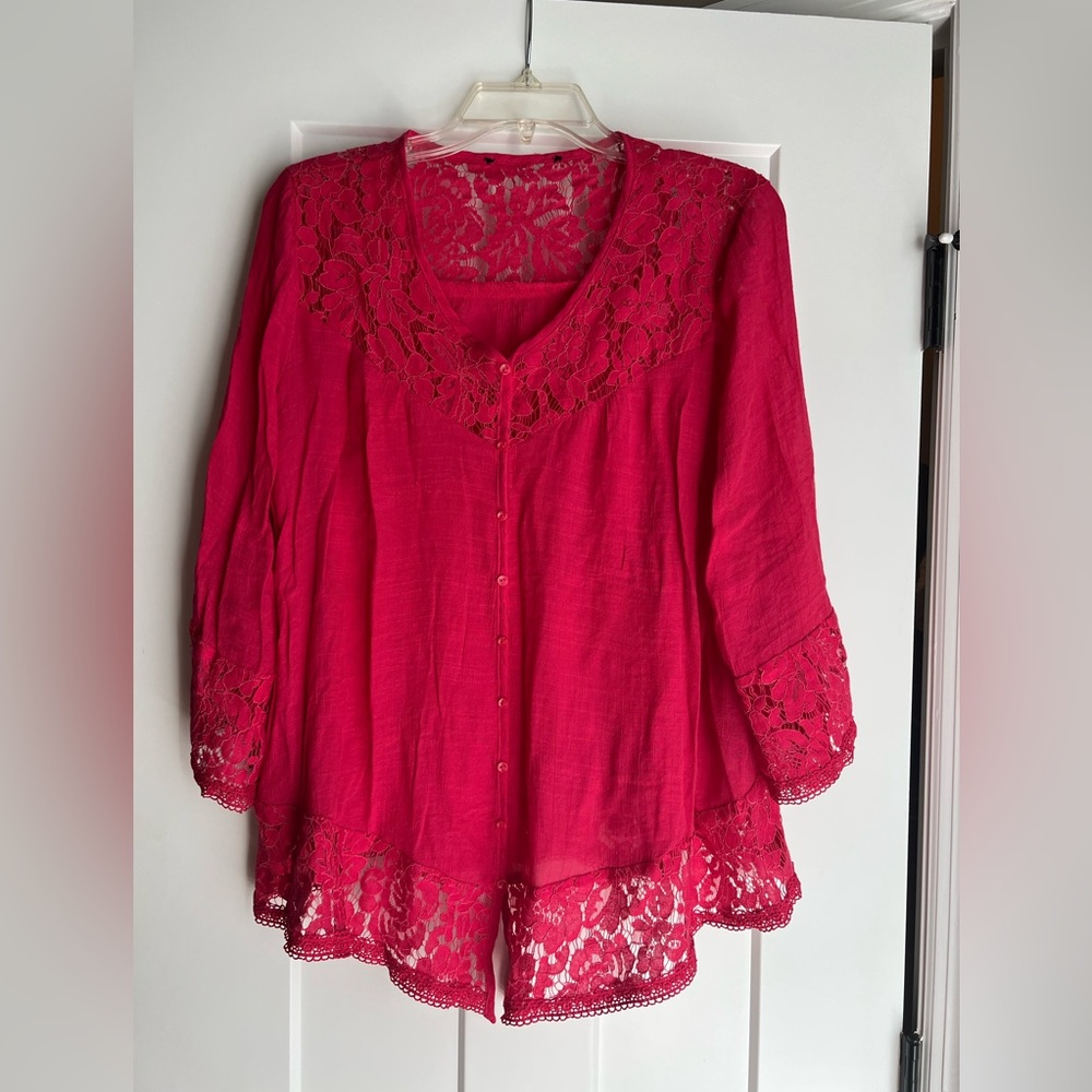 Hot pink lace trimmed blouse